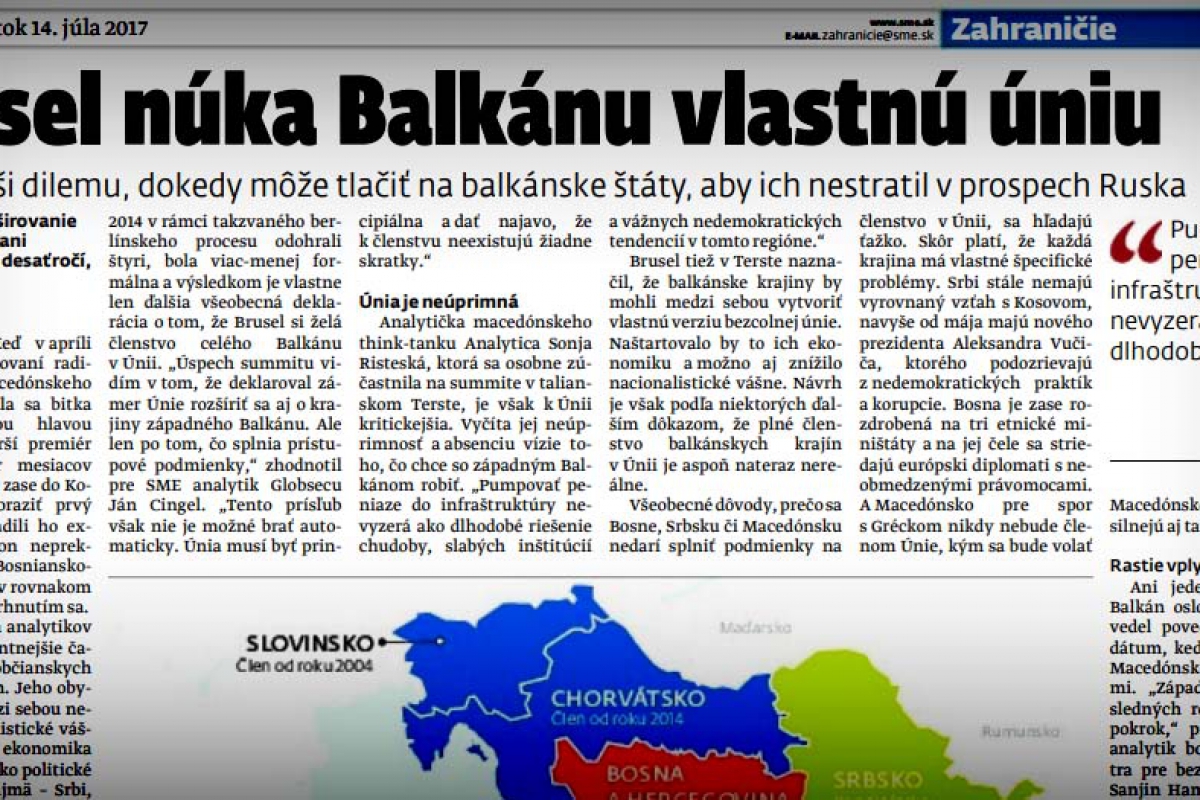 Sonja Risteska for the Slovak daily newspaper SME on the EU integration of Western Balkans and the Summit in Trieste